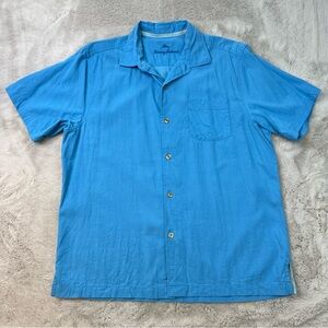 Tommy Bahama Mens Large Silk Cotton Blue Short Sleeve Button Up Shirt